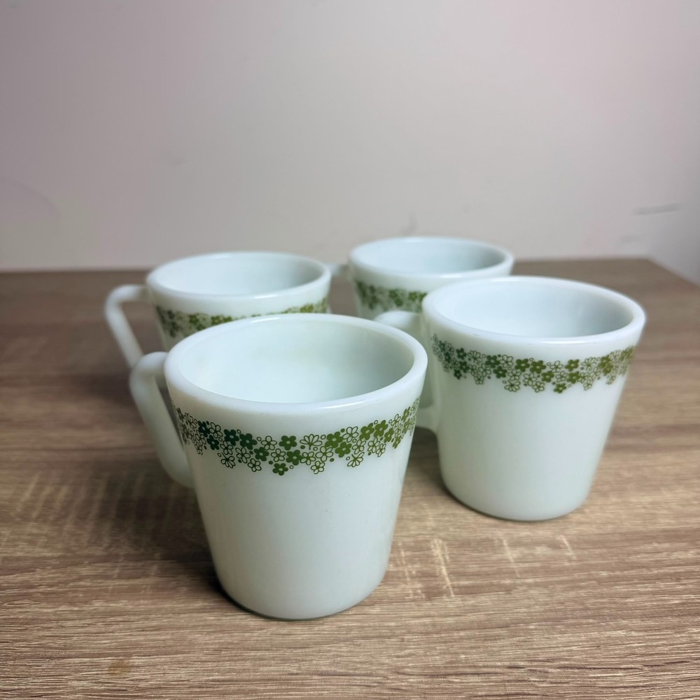 Vintage PYREX 1410 Green Floral Milk Glass Coffee Mugs Cups USA Set of 4